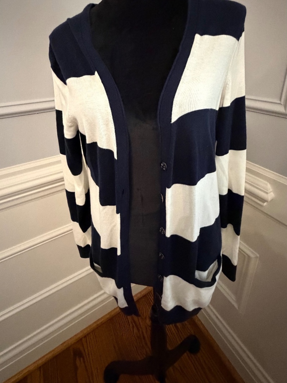 Cozy blue and white striped Cardigan with buttons in front. Size medium.